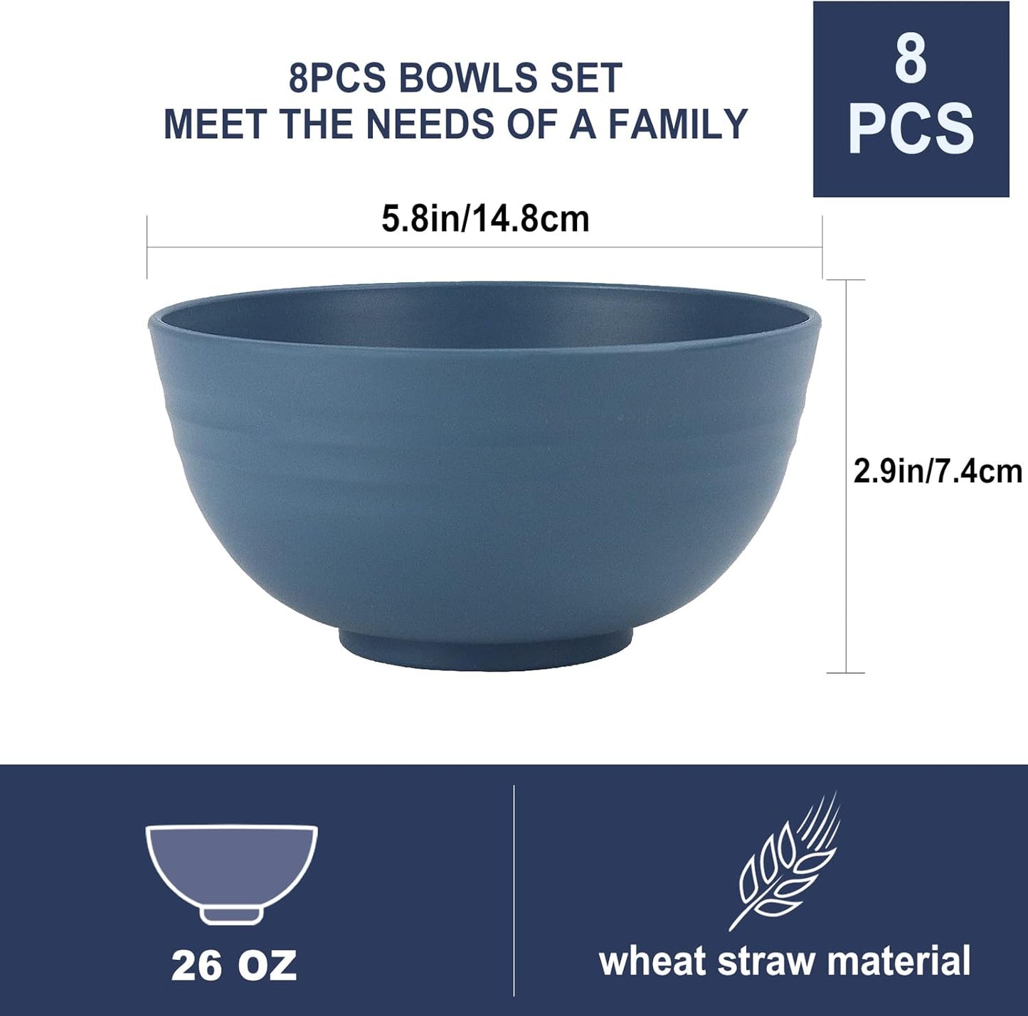 Wheat Straw Bowl Sets,8 PCS Unbreakable Cereal Bowl 26 OZ,Microwave and Dishwasher Safe Bowls,Bowl Sets for Camping and Picnic BPA Free Colorful Salad Bowls for Serving Soup,Oatmeal and Fruit Etc…