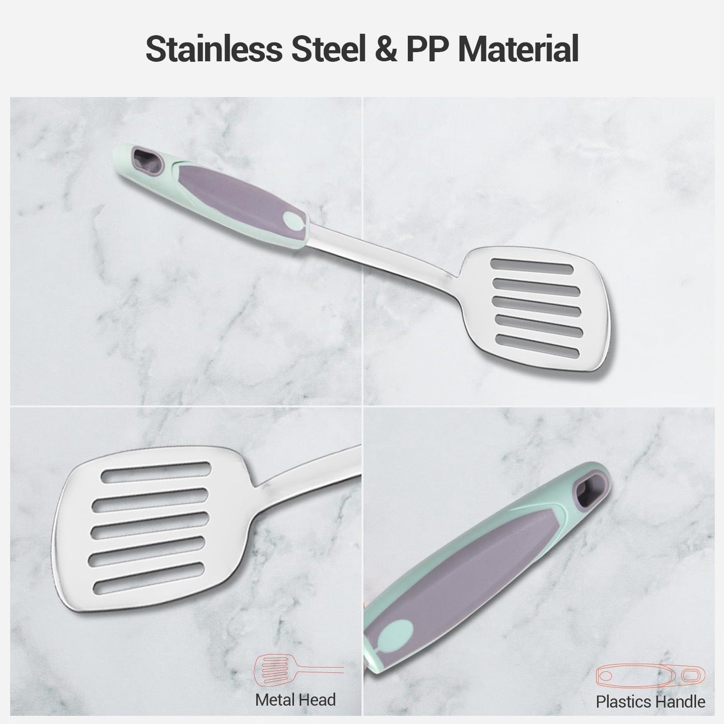 10PCS Cooking Utensils Set, Stainless Steel Utensils Set Non Slip Handle Heat Resistant Kitchen Cooking Tools Durable Metal Utensil Spatula, Spoon, Whisk, Ladle, Pasta Fork