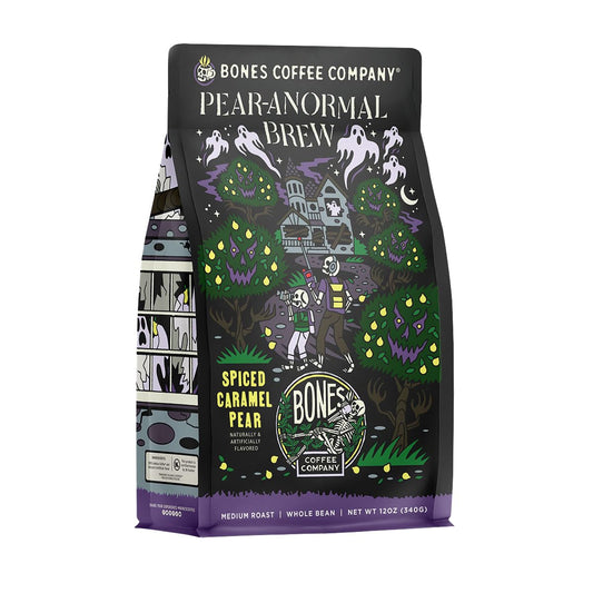 Bones Coffee Company Pear-Anormal, Caramel and Spiced Pear Flavored Coffee, Medium Roast Low Acid Arabica Beans Compatible with Auto drip and French Press Coffee Maker, 12 Oz Whole Bean