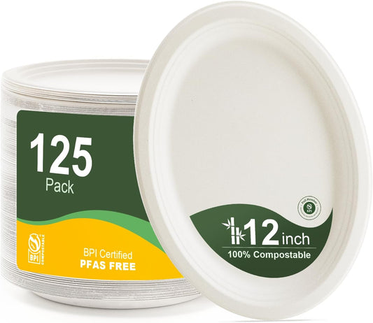 WELLIFE 100% Compostable Oval Paper Plates 12 Inch, 125-Pack Heavy Duty Paper Plates Bulk,Biodegradable Bagasse,Eco-Friendly Disposable Dinner Plate for BBQ,Picnic,Party (BPI Certified,Microwaveable)