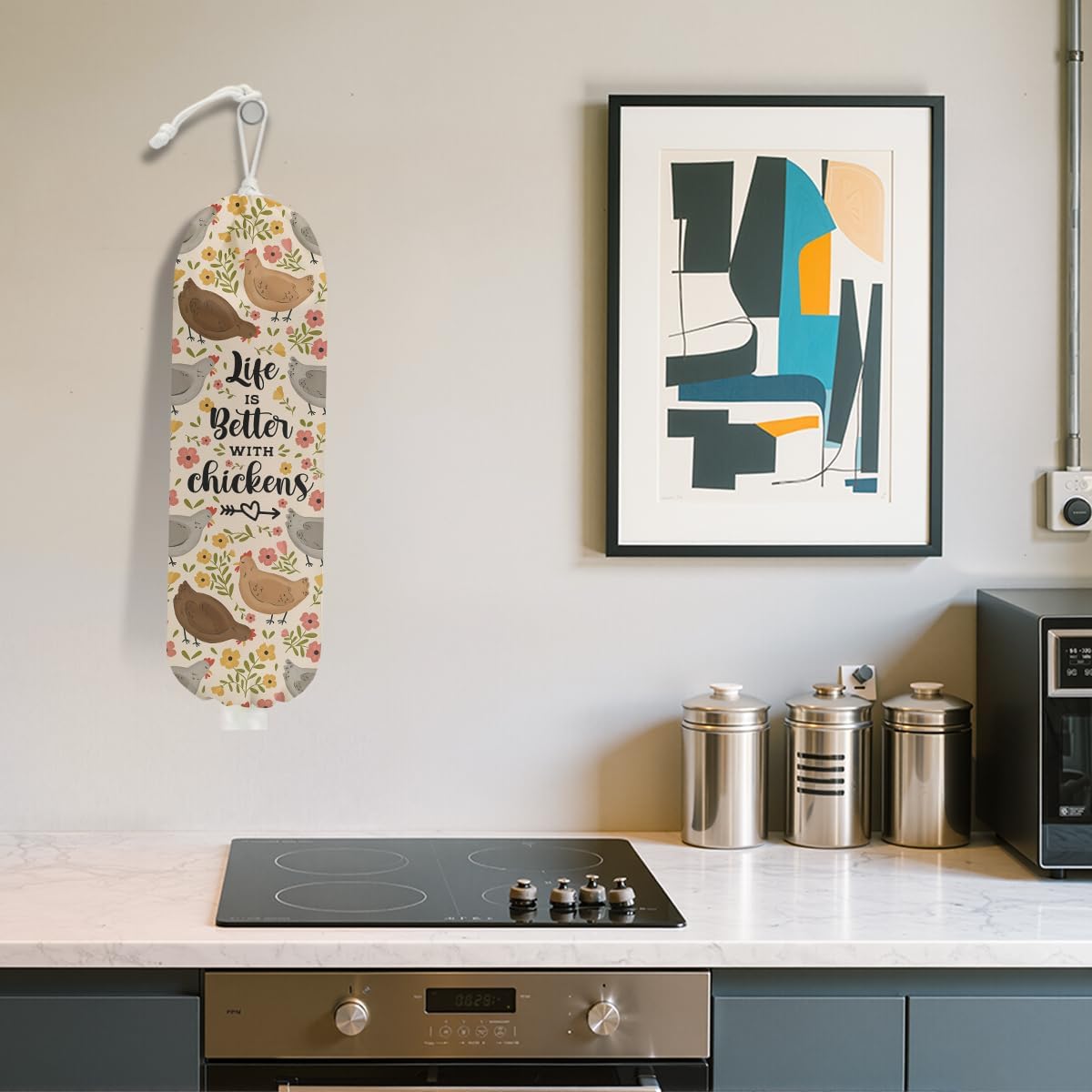 Rustic Chicken Plastic Bag Holder, Vintage Chickens Grocery Bag Holder for Plastic Bags, Pull Rope Free Adjustment, Floral Grocery Bags Storage Dispenser for Home Kitchen, Chicken Gifts for Women