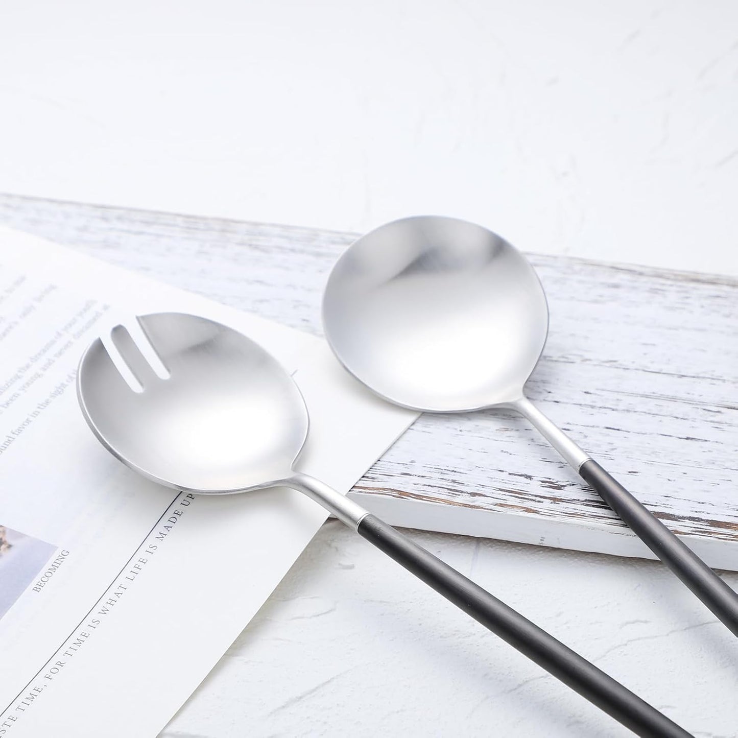 Salad Servers,Spoon and Fork Set 11.41 inch,18/10 Stainless Steel Salad Serving Titanium Plating (black silver)