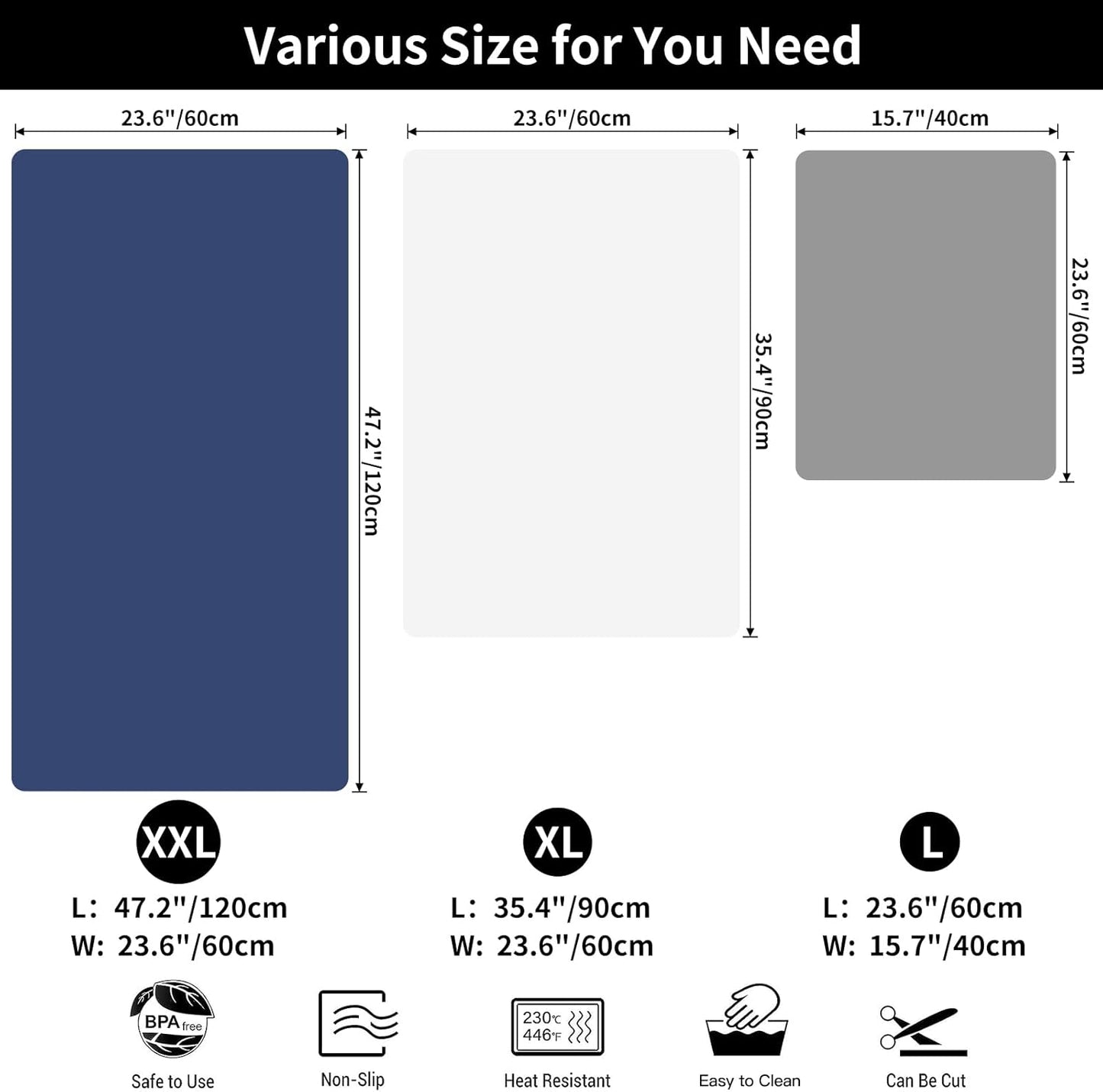 2MM Extra Thick Silicone Mats for Kitchen Counter, 35.4"x23.6" Kitchen Island Largest Heat-Resistant Baking Mat, Thicker Non-slip Desk Protect Mat, Multipurpose Countertop Protector, Dark Gray