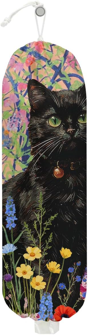 Flower Cat Plastic Bag Holder, Wall Mount Grocery Bag Holder, Plastic Storage bag, Pull Rope Free Adjustment, Plastic Bag Holders for Grocery Bags, Cat Lover Plastic Bag Dispenser for Home Kitchen