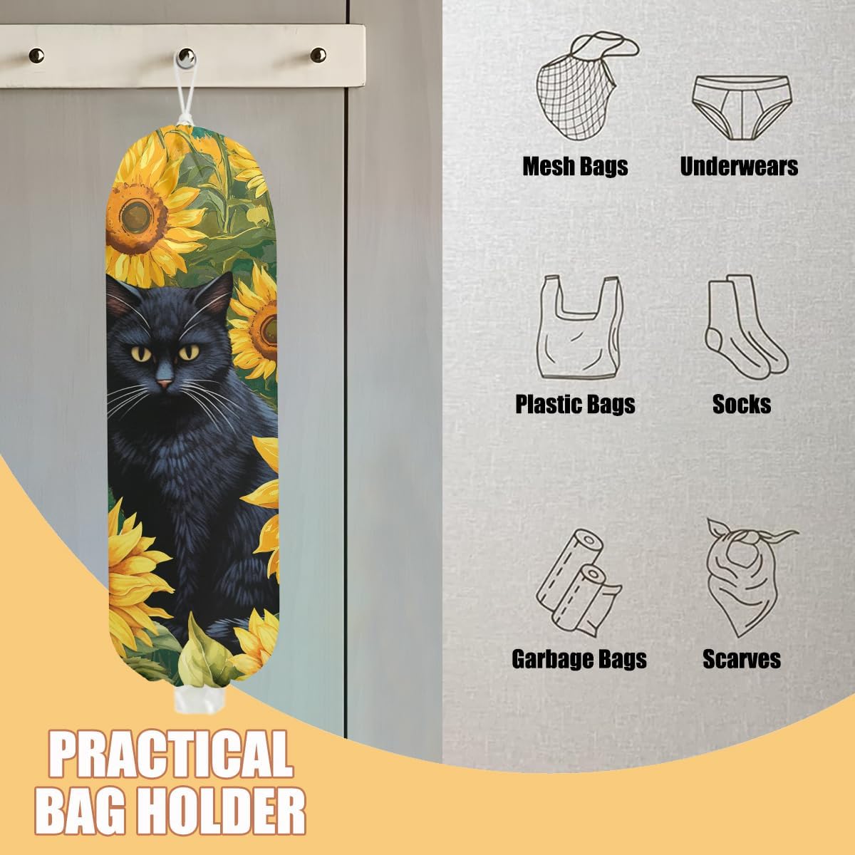 Sunflower Cat Plastic Bag Holder, Wall Mount Grocery Bag Holder, Plastic Storage bag, Pull Rope Free Adjustment, Plastic Bag Holders for Grocery Bags, Plastic Bag Dispenser for Home Kitchen