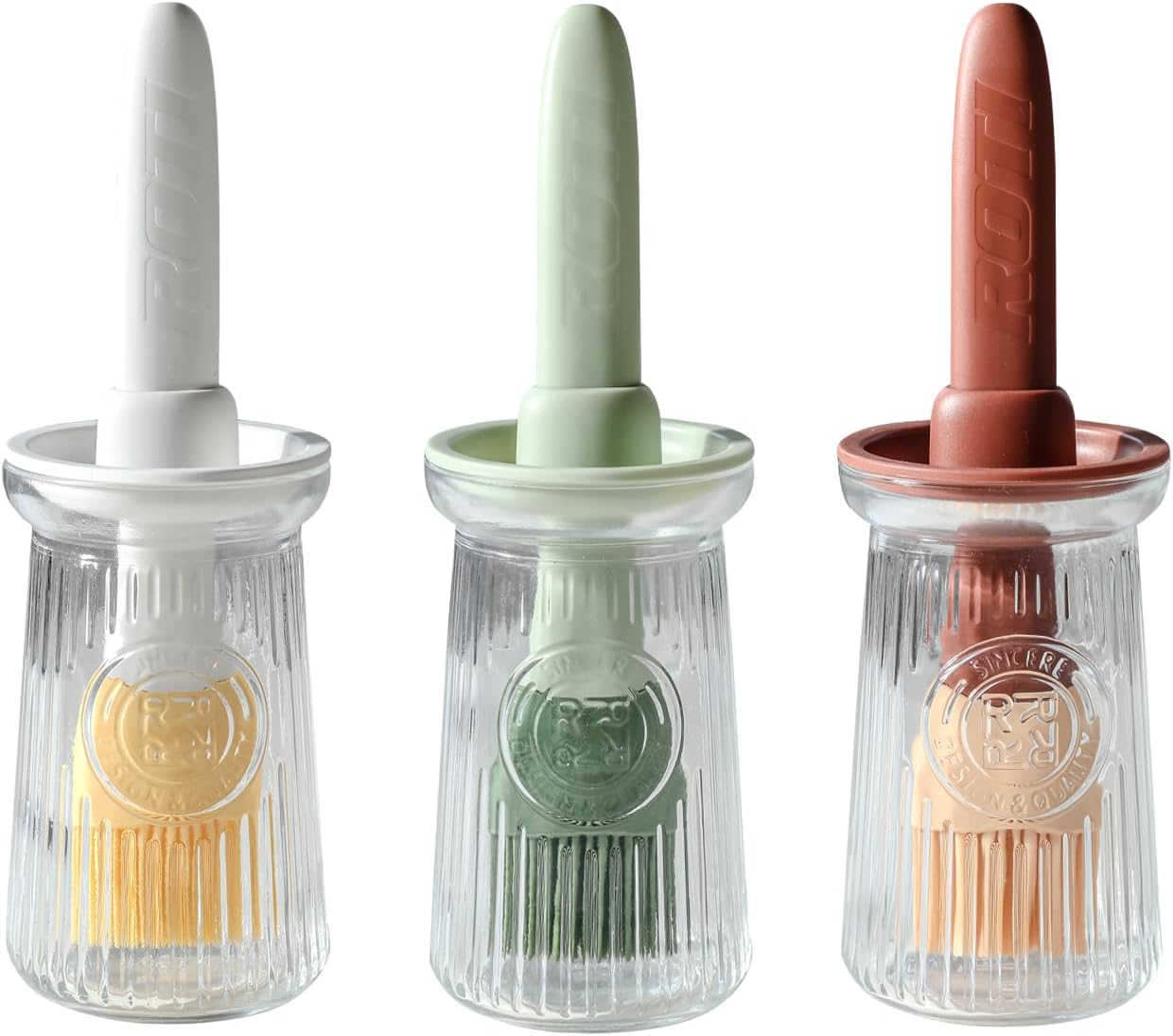 Oil Dispenser with Brush - Glass Olive Oil Dispenser for Kitchen, 3 IN 1 Oil Dispenser Bottle with Silicone Basting Brush for Cooking Vinegar Sauce BBQ Grill Frying (Brown/White/Green)