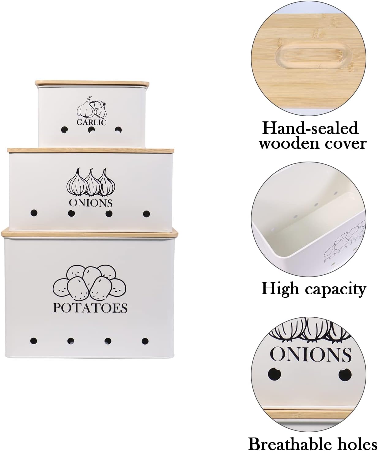Kitchen Vegetable Storage Tins Set of 3 for Potato Onion & Garlic with Wooden Lid, Kitchen Storage Canisters Set, Long Shelf Life - White