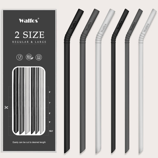 Walfos Silicone Straws - Reusable straws Bendy straws for Smoothies/20 & 30 oz Tumblers, BPA Free. 2 Size (3pcs Wide S + 3 pcs Regular + 2 Cleaning Brushes）