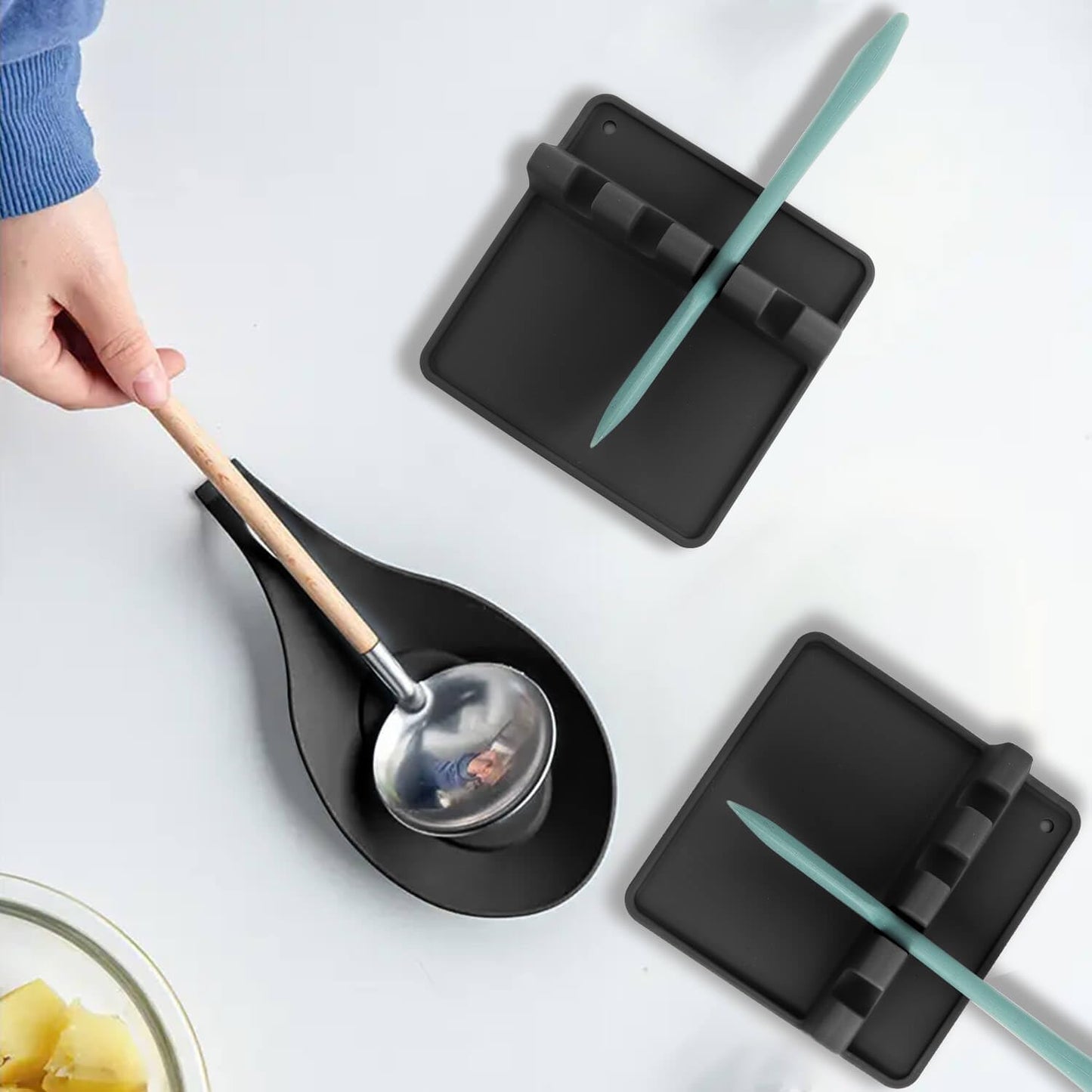 Kitchen Silicone Utensil Rest with Drip Pad-BPA-Free Heat-Resistant Spoon Rest for Stove Top - Spoon Rest for KitchenCounter - Kitchen Gadgets &Grill Utensil Holder-Black 3 Pcs