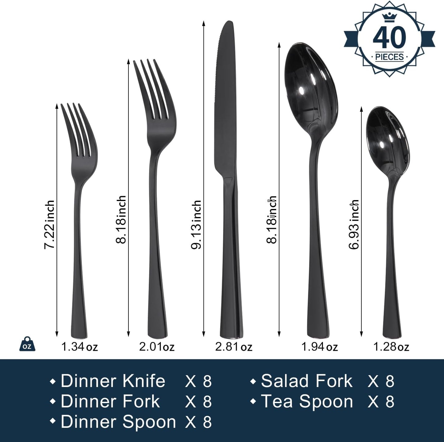 KINGSTONE Silverware Set for 8, 40-Piece Forged 18/10 Stainless Steel Flatware Set, Mirror Finish Cutlery Set Dishwasher Safe for Home, Restaurant, Wedding, Party,Black