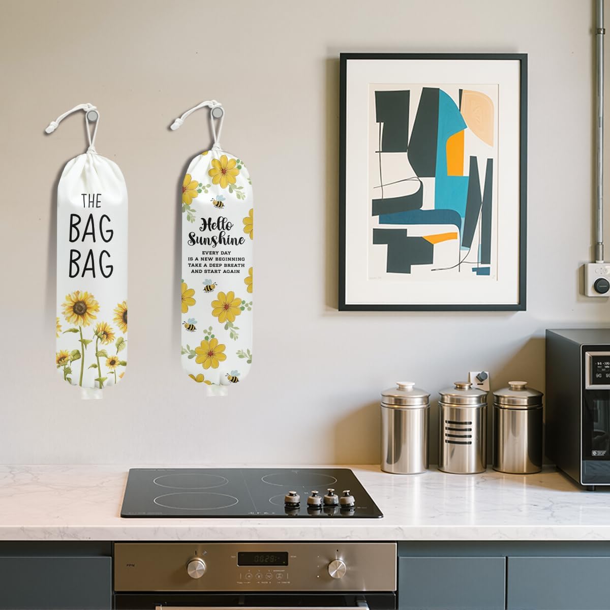 2Pcs Watercolor Flower Bee Plastic Bag Holder for Kitchen, Wall Mount Grocery Bag Holder for Plastic Bags, Summer Sunflower Reusable Grocery Bags Storage Dispenser for Home Kitchen Pantry Farmhouse