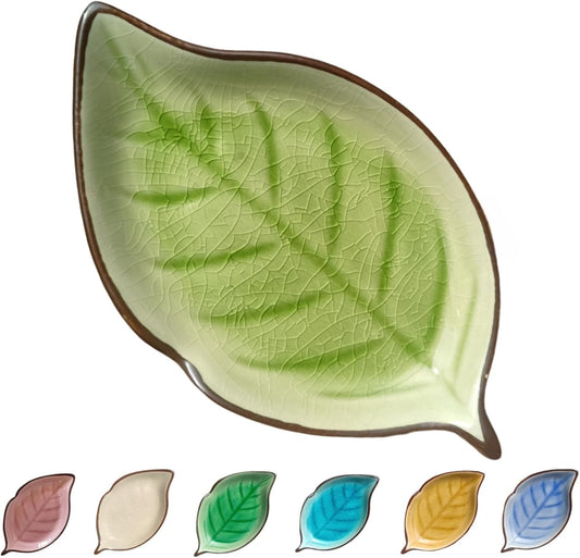 Ceramic Spoon Rest for Stove Top, Ice Cracks Leaf Cute Spoon Rest for Kitchen Counter Cooking Spoon Holder Utensil Tong Spatula Rest Ladle Holder, 1 PC (A, Grass Green)