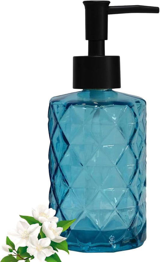 12Oz Small Glass Soap Dispenser with Black Plastic Pump, Blue Refillable Kitchen Countertop Liquid Hand Soap Dispensers with Diamond Design, Crystal Bathroom Lotion Bottle for Dispense Dish Soap