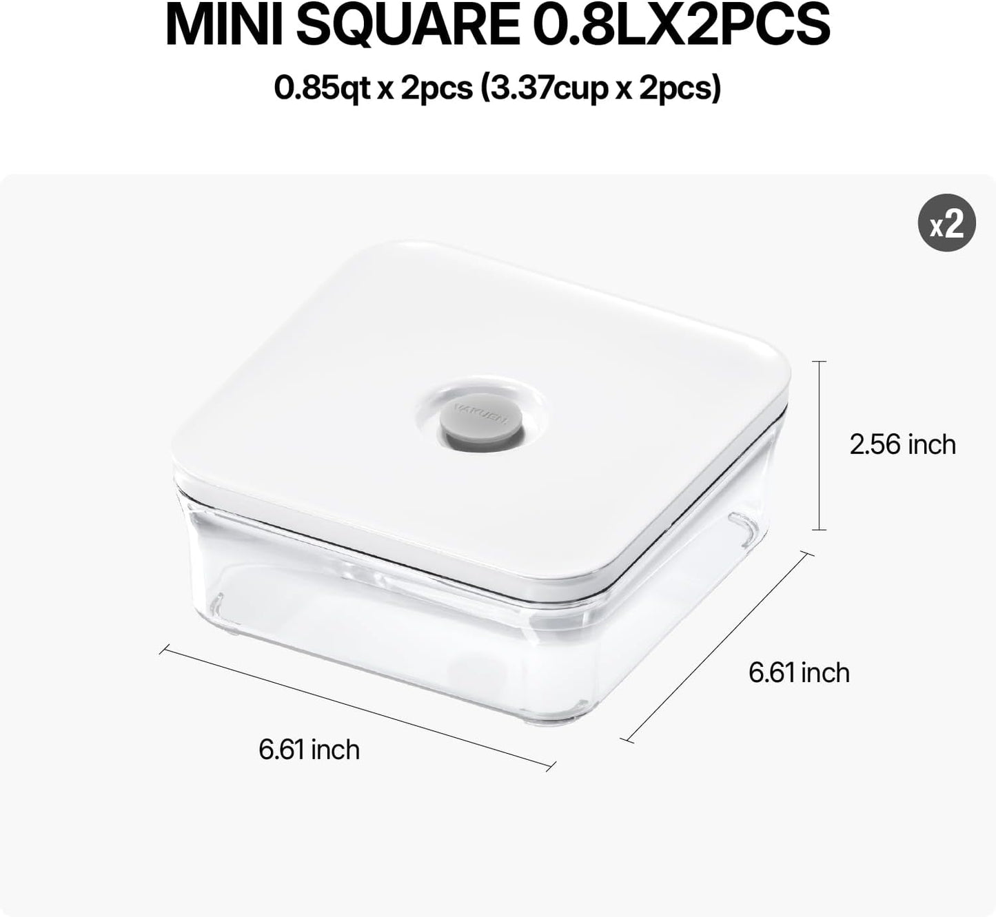 Premium Airtight Food Storage Containers, Mini Square 2pc/set(0.85qt), Smart One-Click Seal Lid, No Hinges, 100% Leak Proof, BPA-FREE, Dishwasher, Freezer & Microwave Safe