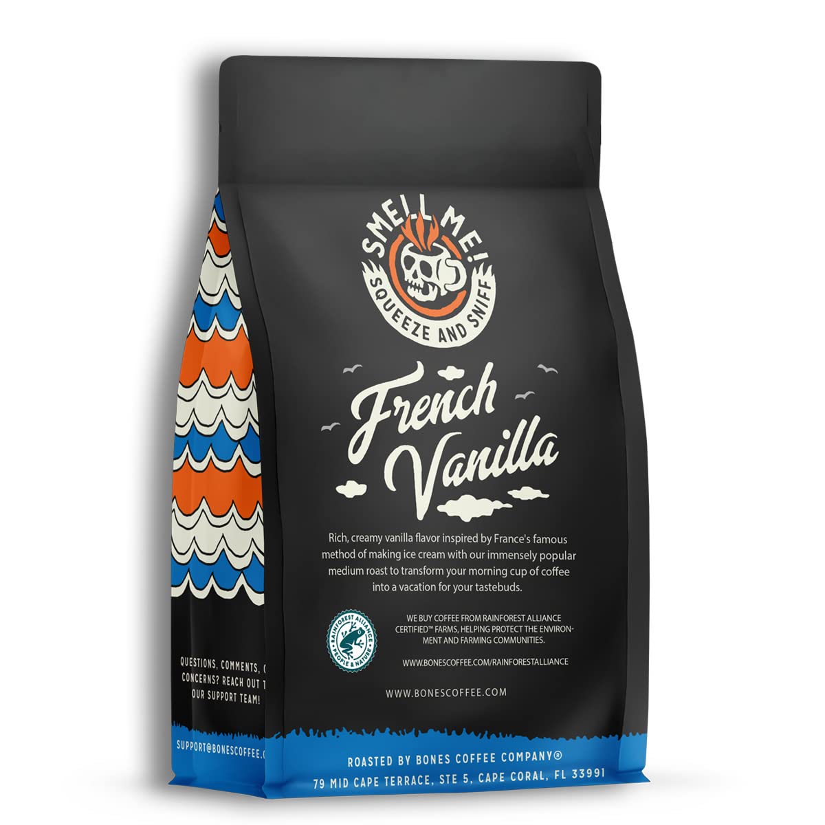 Bones Coffee Company French Vanilla, Creamy Vanilla Flavored Coffee, Medium Roast Low Acid Arabica Beans Compatible with Auto drip and French Press Coffee Maker, 12 Oz Ground