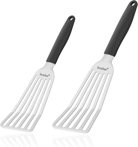 Fish Spatula Stainless Steel, Metal Spatula for Cast Iron Skillet, Slotted Turner with Silicone Handle for Cooking, Grilling, Flipping, Egg, Cookie, Pancake and Burger (Small and Large)