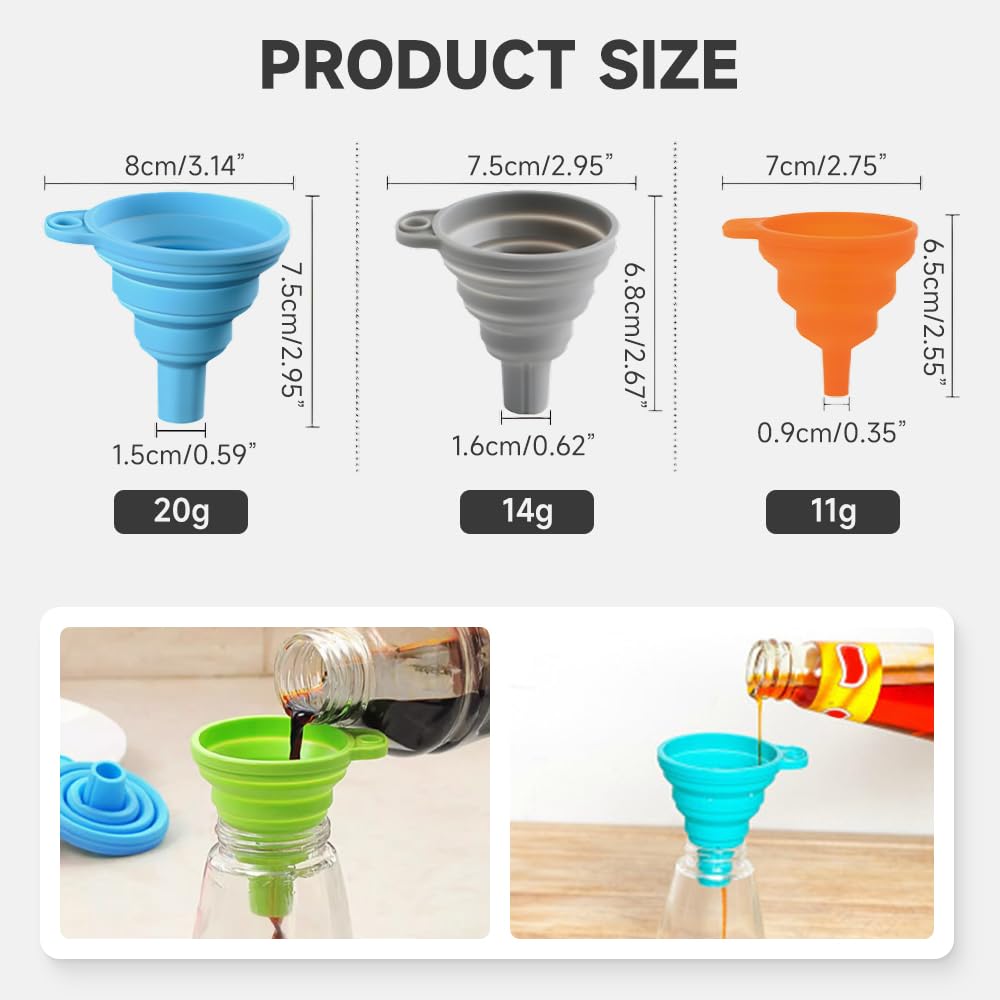 Kitchen Funnel Set, 2025 Upgrade Silicone Collapsible Funnel Silicone Collapsible Food Funnels for Kitchen 3 Sizes Funnels for Home Use Filling Bottles Daily Cooking (Blue, 2Set 11+14+20g)