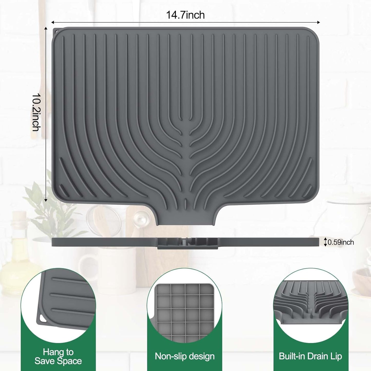 GUUKIN Dish Drying Mat, 14.7"x10.2" Drying Matt Kitchen Counter, Non-Slip Drying Pad, Easy Clean Pad for Countertop Protection, Multi-Functional Use (Grey)