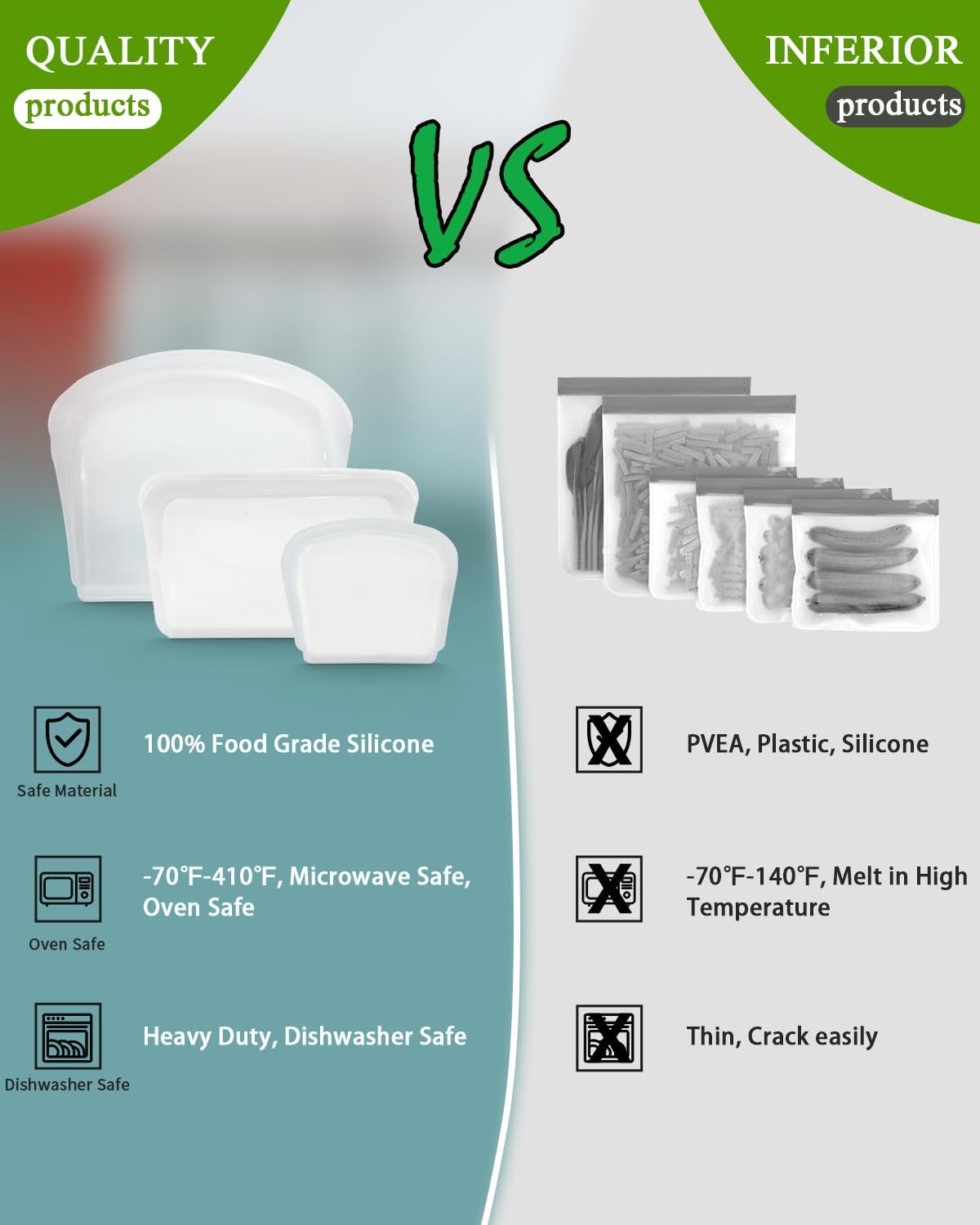 Reusable Silicone Storage Bag, 6Pack Pocket, Snack, and Sandwich Bag, Endurables Seal-Top Silicone Bags for Food Storage, Freezer, Microwave, Oven, Dishwasher Safe (Clear & Rose Quartz)