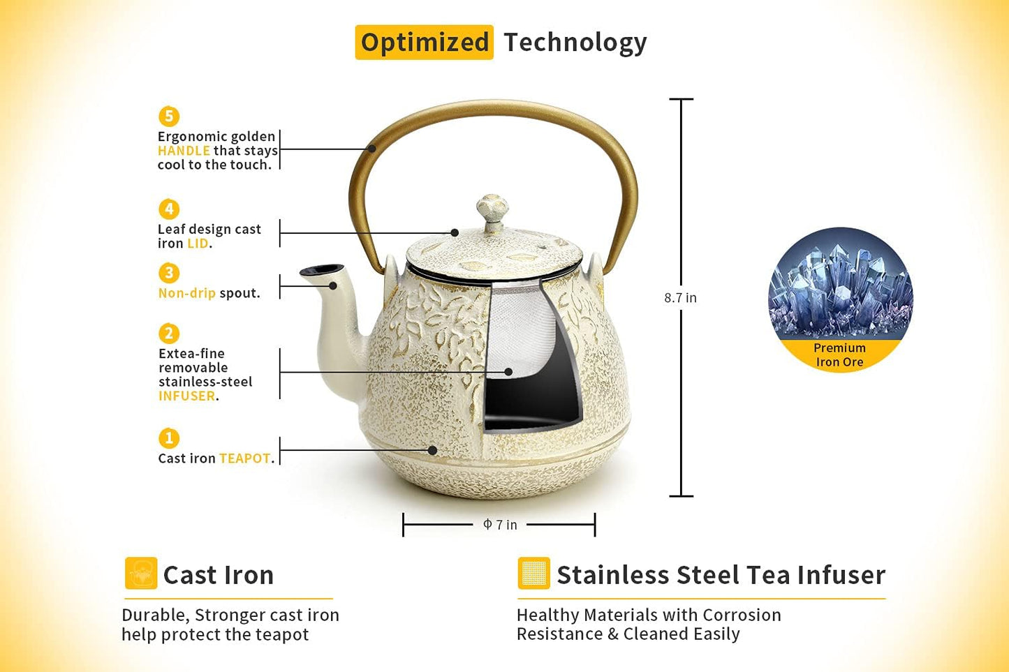 Tea Kettle, TOPTIER Japanese Cast Iron Teapot with Infuser for Loose Leaf and Tea Bags, Stovetop Safe Cast Iron Tea Kettle Coated with Enameled Interior for 40 oz (1200 ml), Beige