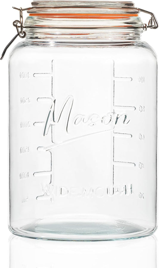 kitchentoolz 1 Gallon Glass Mason Storage Jars with Airtight Lids & Measurment Marks, Super Wide Mouth Canning Jars with Large Capacity for Pickles & Overnight Oats - 1 Pack