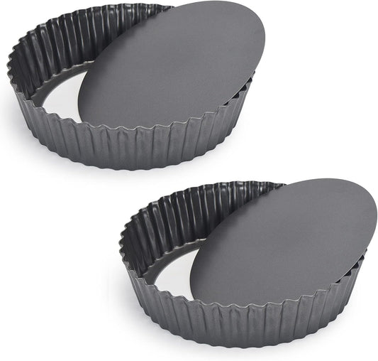 2 Pack Nonstick Tart Pan, Quiche Pan, Carbon Steel Deep-dish Pie Pan with Removable Loose Bottom (11 In)