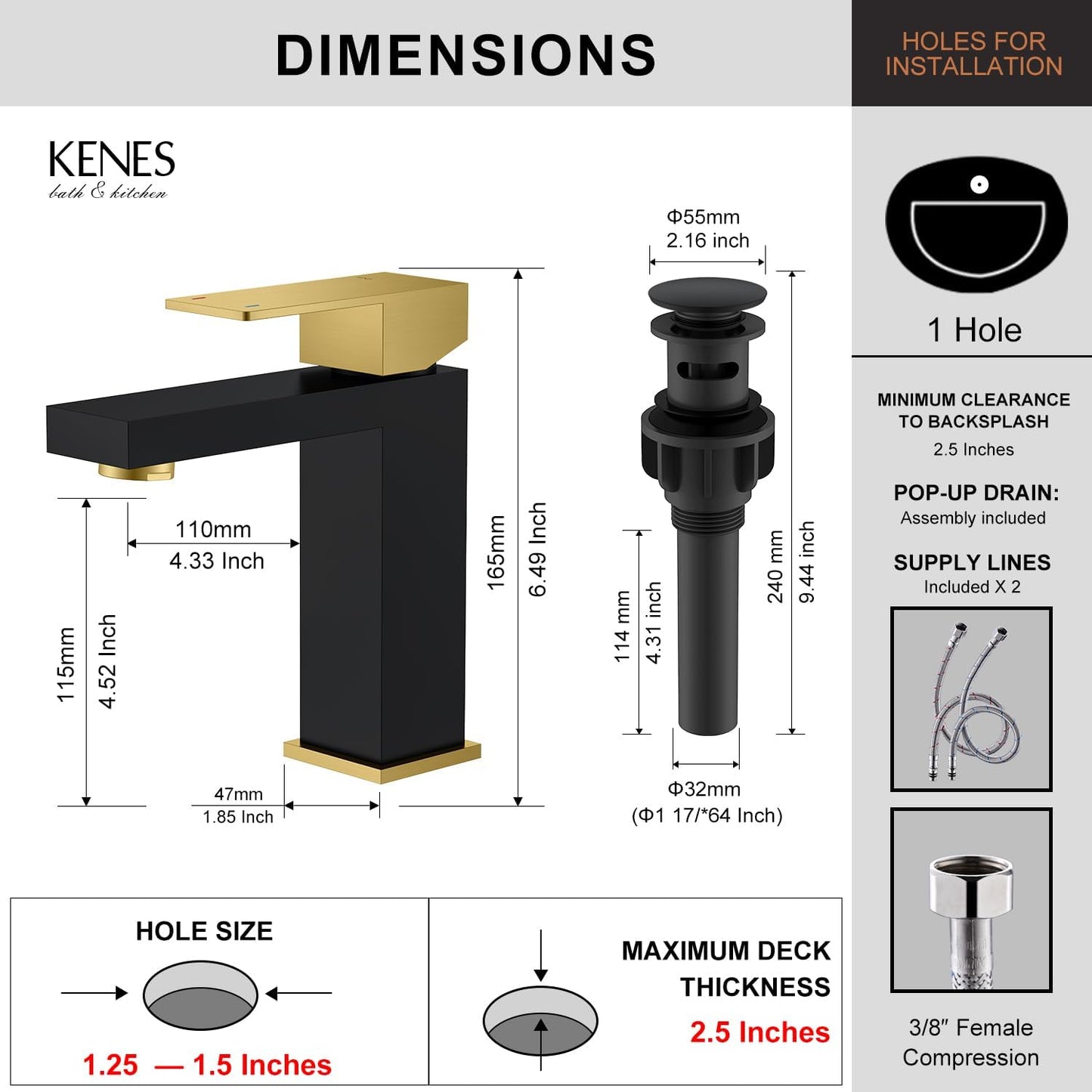 KENES Single Handle Bathroom Sink Faucet, Black and Gold Bathroom Faucets Single Hole, Vanity Faucet with Pop Up Drain and Supply Lines, Matte Black/Brushed Gold LJ-9031-BG