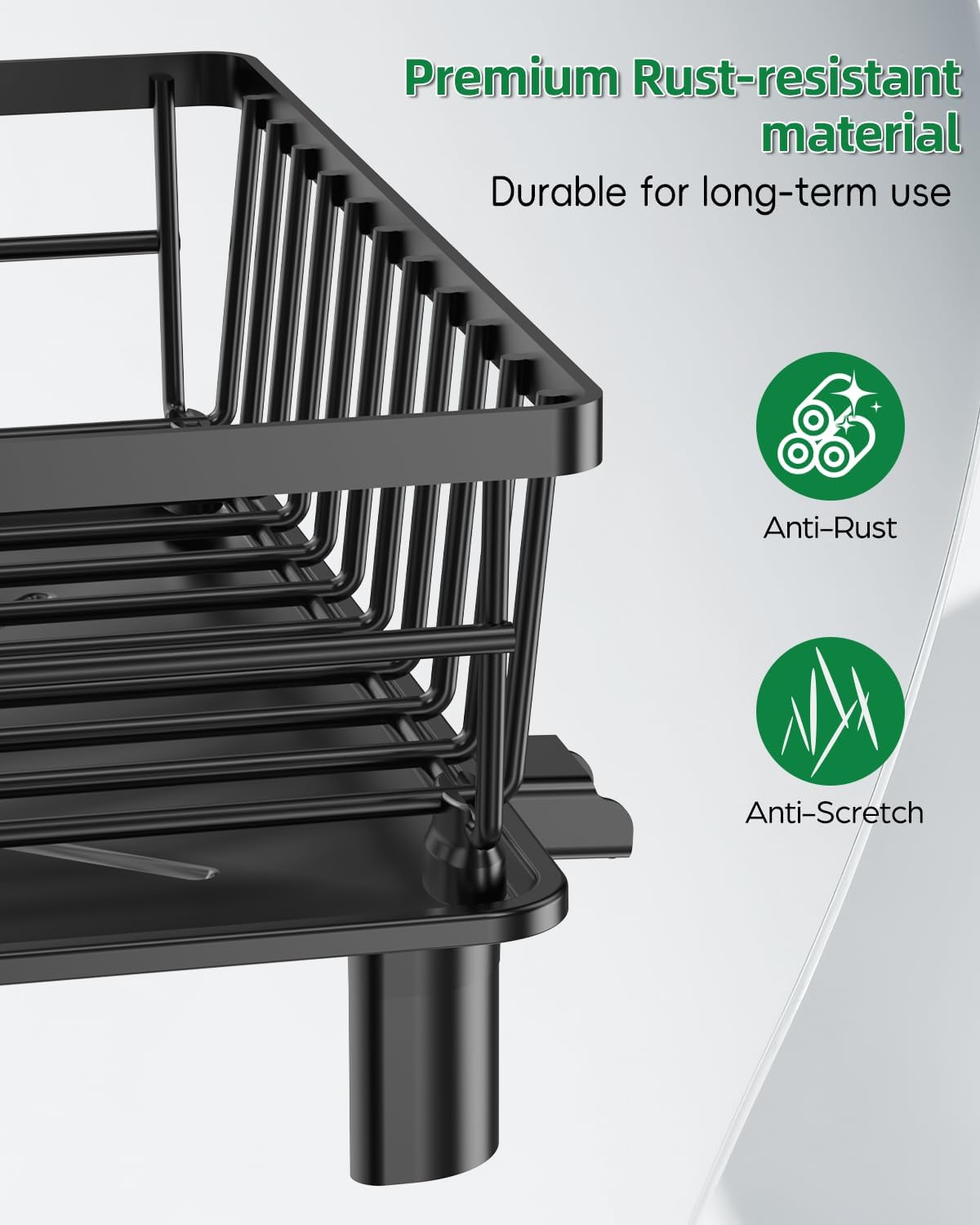 Dish Drying Rack, Stainless Steel Drainer Rack with Drainboard with Smart Drainage System, Space Saving Dish Strainer for Kitchen Counter with Cutlery Holder, Black