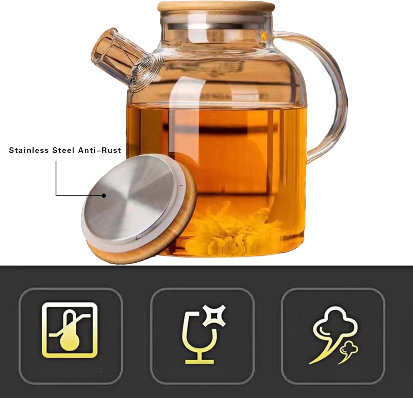 SHUWEICAO- Glass Teapot, Stovetop and Microwave Safe Glass Borosilicate Teapot, 60.8 oz Clear Glass Pitcherwith Natural Bamboo Lid and Removable Filter for Making Flower Tea and Juice