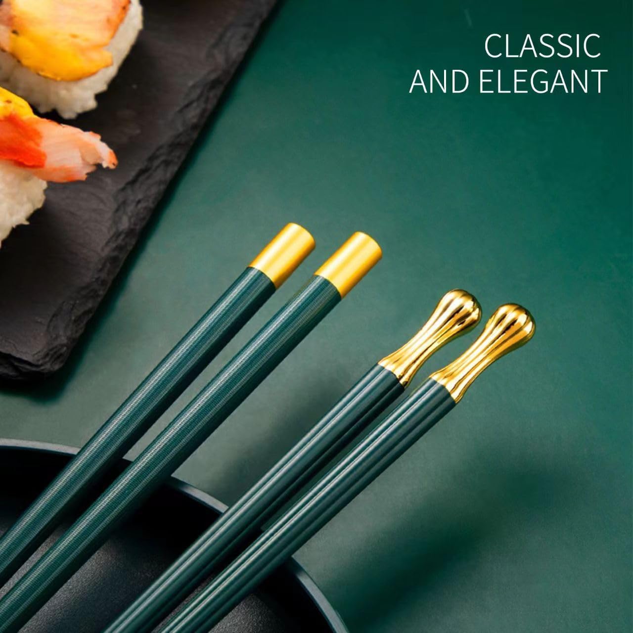 Random Mood Modern Design Chopsticks - Reusable, Dishwasher Safe, Non-Slip Fiberglass, Golden and Lucky Green Multi Style, 5 Pairs, 9.5in/24cm, Great for Chinese, Japanese, Korean Cuisine