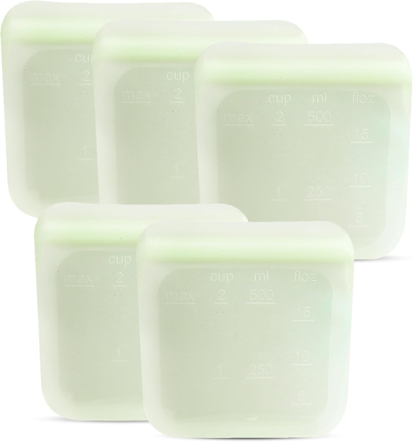 purifyou Set of 5 Reusable Silicone Storage Snack Bags 6oz / 16oz / 32oz / 64oz Self-Seal Food Storage Container for Fruits, Vegetables, Sandwiches, Dishwasher Safe & Leak-free (LimeCream, 16oz)