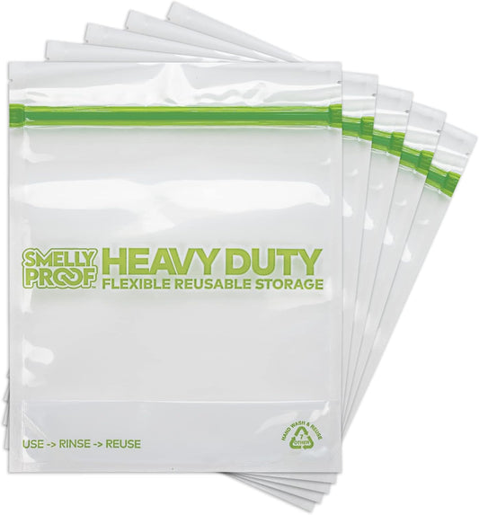 HEAVY DUTY Reusable STAND-UP Bags for Food Storage by Smelly Proof, USA Made, NO PEVA & BPA FREE, Reusable Freezer Bags, Dishwasher-Safe, Triple Zip, CLEAR 5-mils LRG Quart 8.75" x 9.5" - 5pk