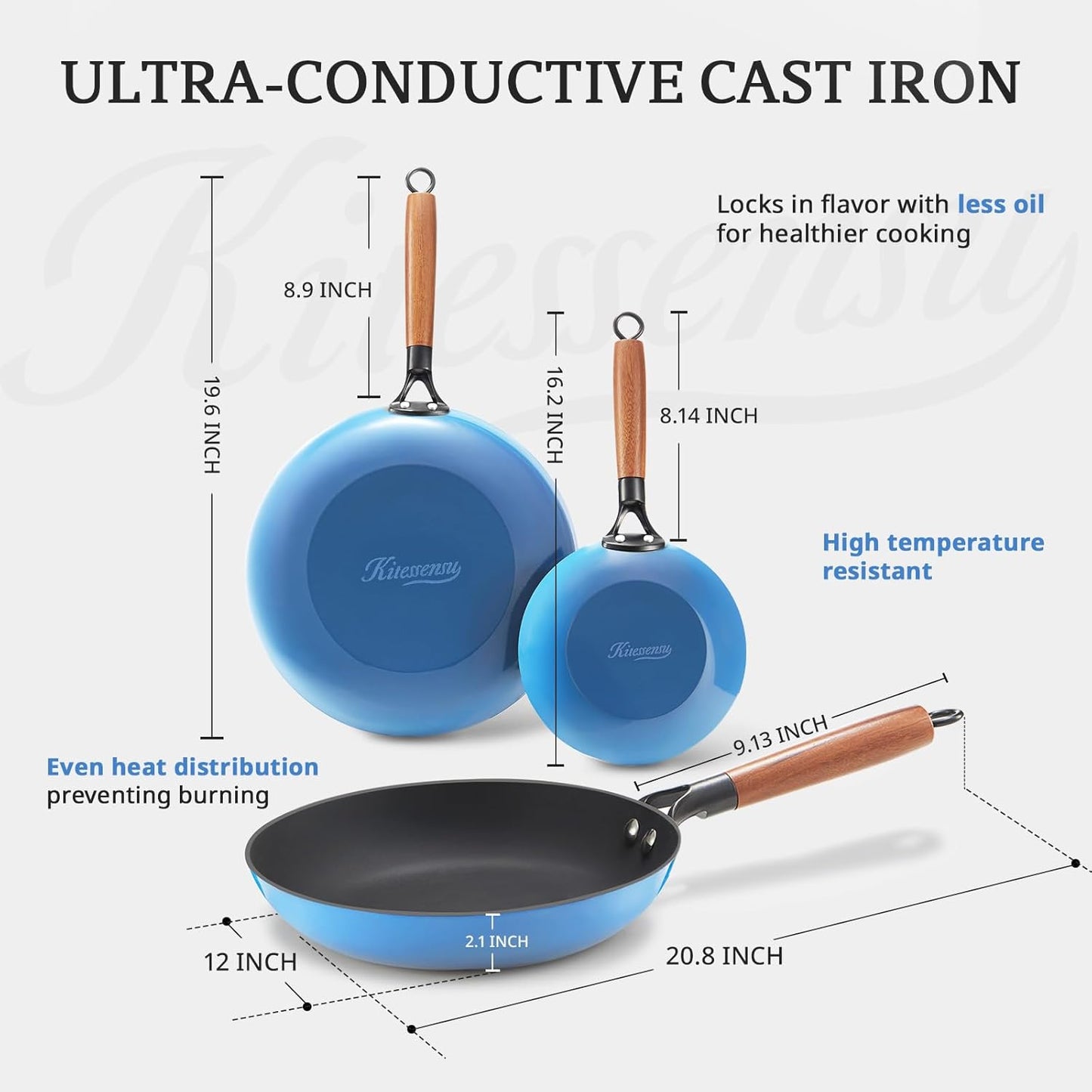 KITESSENSU Enameled Cast Iron Skillets - Non Stick Frying Pans Set with Durable Wooden Handle - 8&10&12 In Titanium Cast Iron Pans for Multi-Cooking - Pre Seasoned Cookware Set - Gradual Cobalt Blue