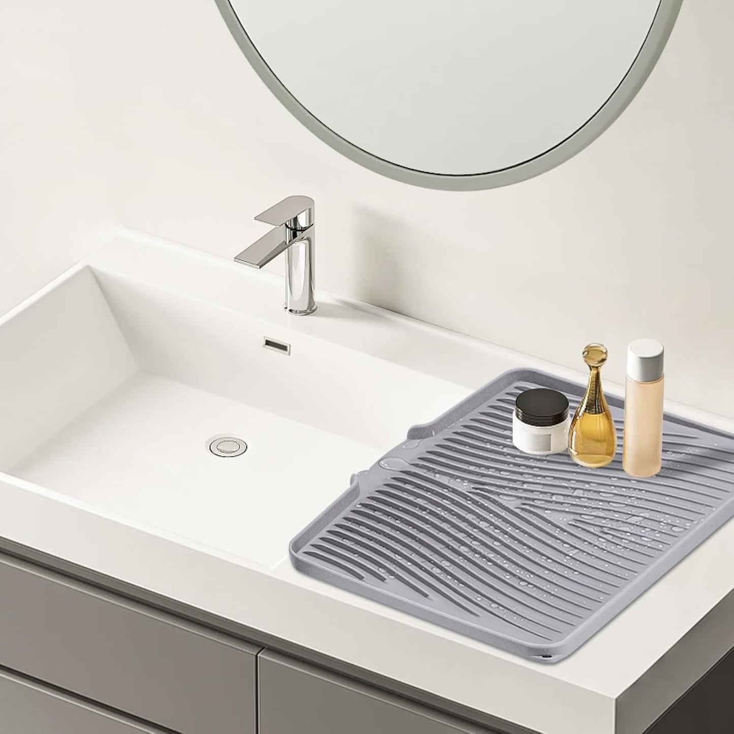 Dish Drying Mat, Stone Drying Mat for Kitchen Counter with Built-in Drain, Non-Slip Drying Matt Kitchen Counter, Heat Resistant Silicone Drying Mat, Dish Drying Pad, 2 Pcs(Grey 19.7" x 17")