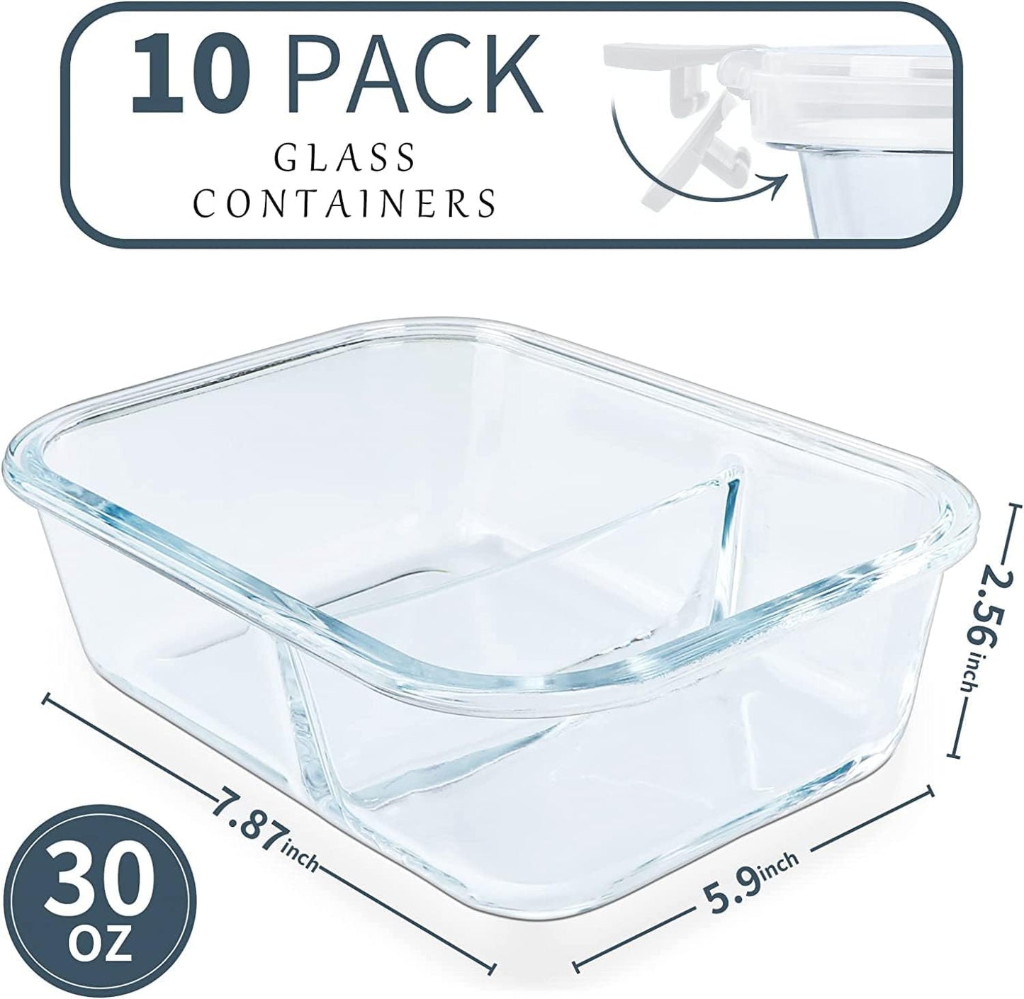 KOMUEE 10 Packs 30oz Glass Meal Prep Containers 2 Compartments,Glass Food Storage Containers with Lids,Airtight Lunch Bento Boxes,Oven,Freezer and Dishwasher Safe, White