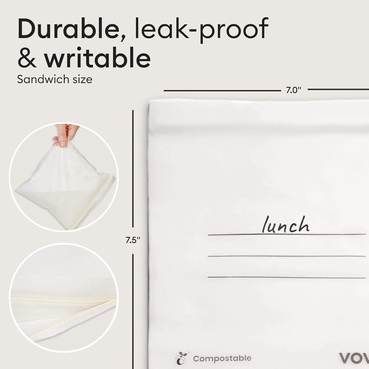 Vove Compostable Sandwich Bags, Medium 30 Count – Freezer Safe, Leak Proof, Non Toxic, Writable Surface for School Lunches & Meal Prep, Eco-Friendly