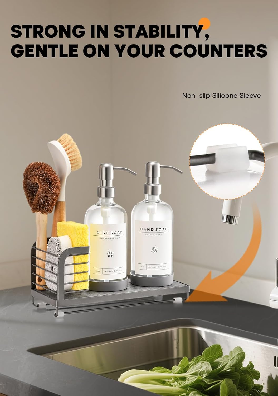 Kitchen Soap Dispenser Set with Drying Tray – 16oz Glass Bottles with Stainless Steel Pumps, Sink Organizer Caddy with Brush Holder & Non-Slip Feet – All-in-One Dish & Hand Soap Station