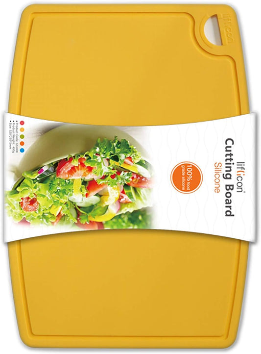 Thick Silicone Cutting Board 12.6'' x 9.1'' Juice Grooves Easy Grip Handle Dishwasher Safe-Yellow