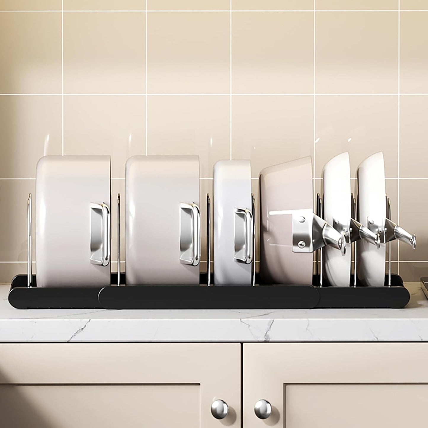 Pot Rack : Pots and Pans Organizer Under Cabinet 7 Adjustable Compartment Expandable Pot Lid Holder for Kitchen Cookware, Bakeware, Lid, Dishes, Cutting Boards,Black