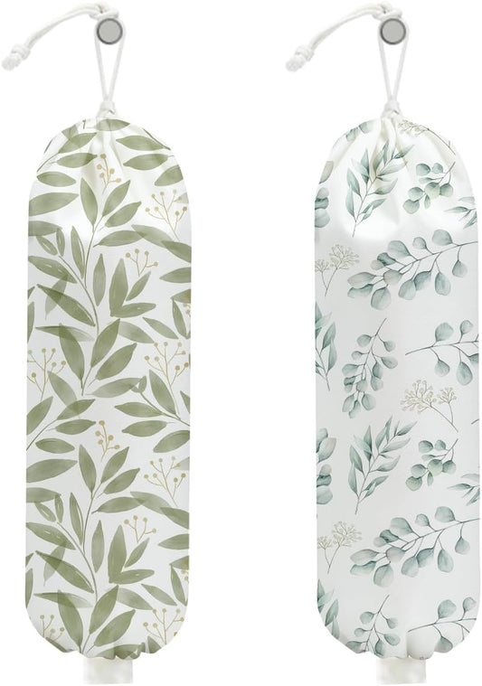 2Pcs Eucalyptus Leaves Plastic Bag Holder, Wall Mount Grocery Bag Holder for Plastic Bags, Boho Greenery Reusable Grocery Bags Storage Dispenser, Farmhouse Sweet Home Kitchen Decor