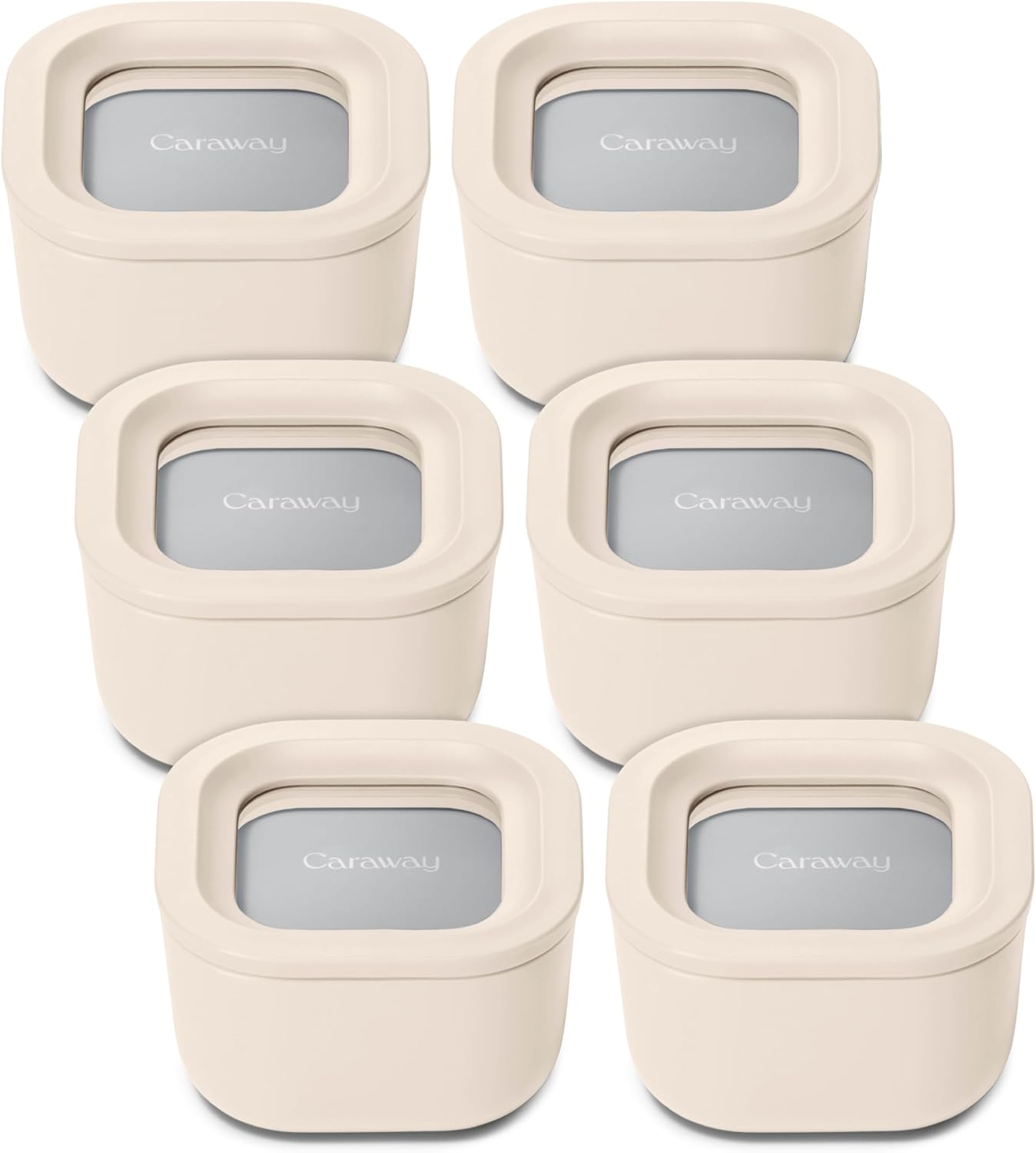 Caraway 6pc Food Storage Container Set - 1.75 Cup Glass Storage Container for Food (6) - Non-Toxic Ceramic-Coated Glass - Air Release Technology - Compact & Stackable Design - Cream