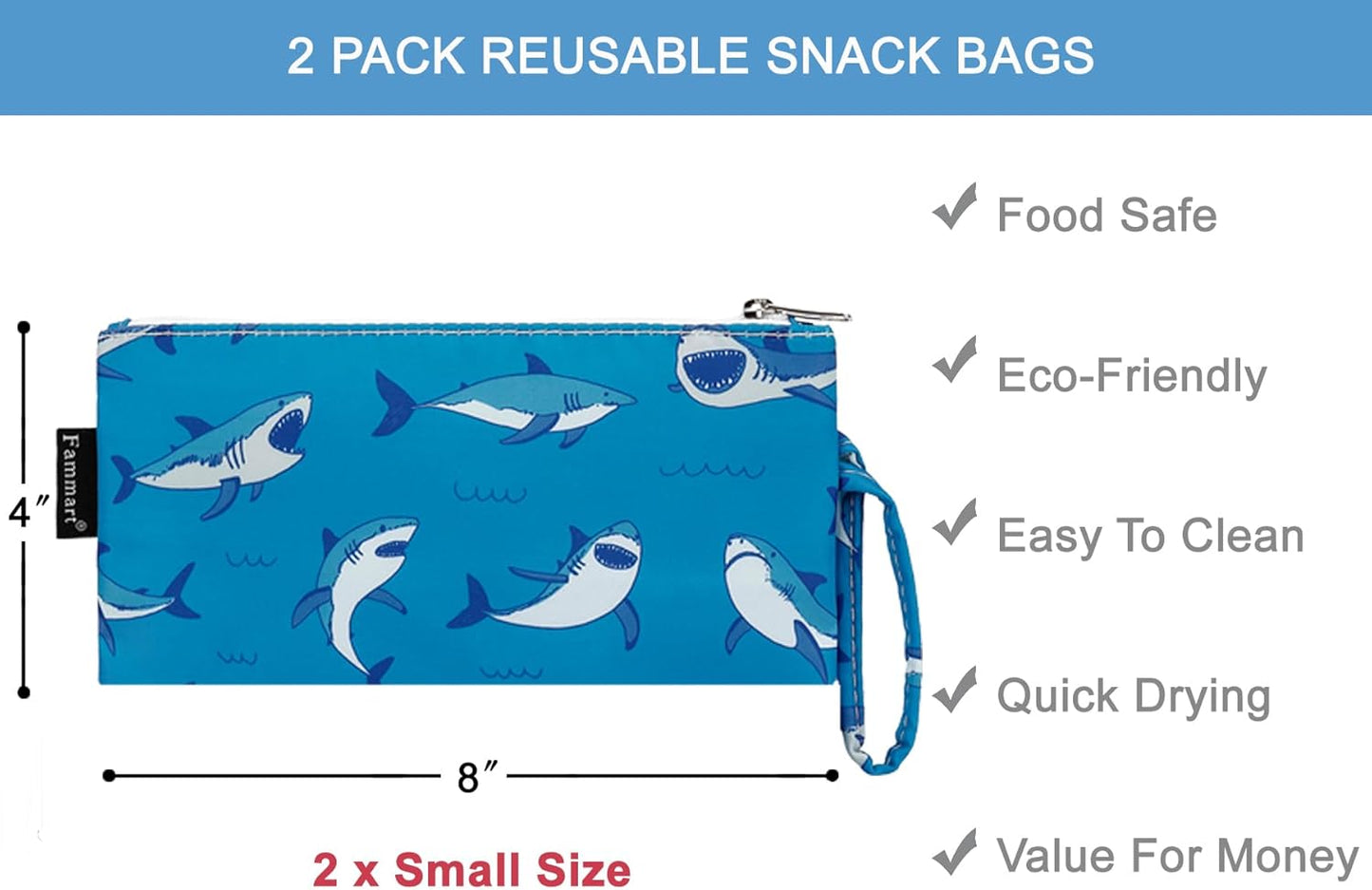 Reusable Sandwich Bag/Snack Bag for Kids & Adults, Dual Layer Lunch Bag with Handle, Washable, Food Safe, BPA Free (2-Pack, Shark)