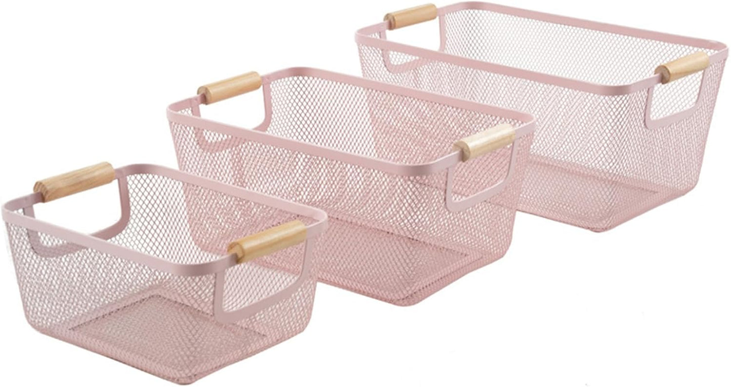 Metal Mesh Steel Basket, Medium Wire Storage Organizer Basket Multi-function Hanging Kitchen Basket with Wood Handle for Kitchen Bathroom Picnic Home, Rectangle-Pink