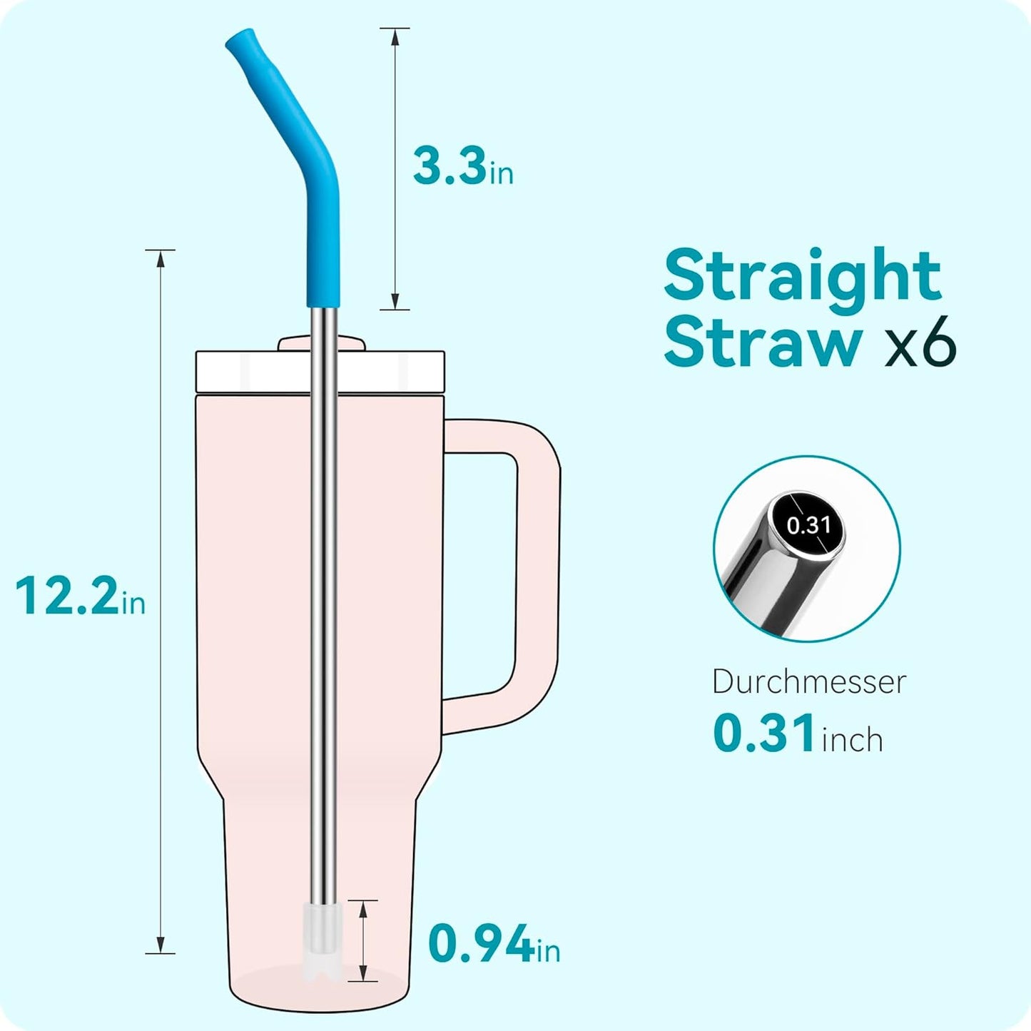 40 oz Straight Metal Straws for 40 oz Stanley Tumbler, 6 Pcs Stainless Steel Reusable Drinking Metal Straw with Colourful Silicone Tips,Straw for Glass Cups, BPA FREE