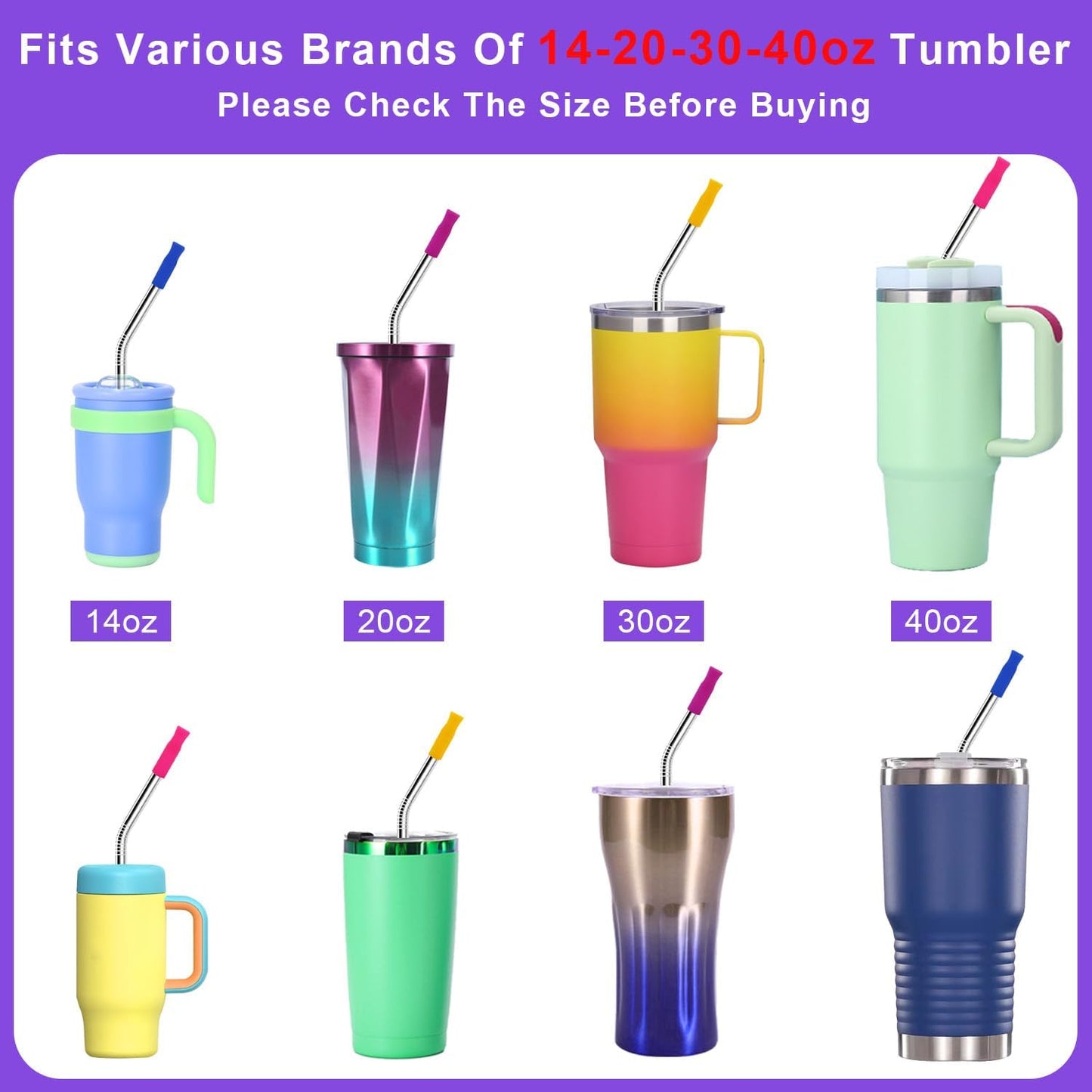 Newly Upgraded 10.5In Bent Metal Straws Reusable Set 6 PCS with 12 Silicone Accessories, 2 Straw Brush, 1 Storage Case, BPA Free, Eco-Friendly Stainless Steel Straws for 14, 20, 30,40 oz Tumbler