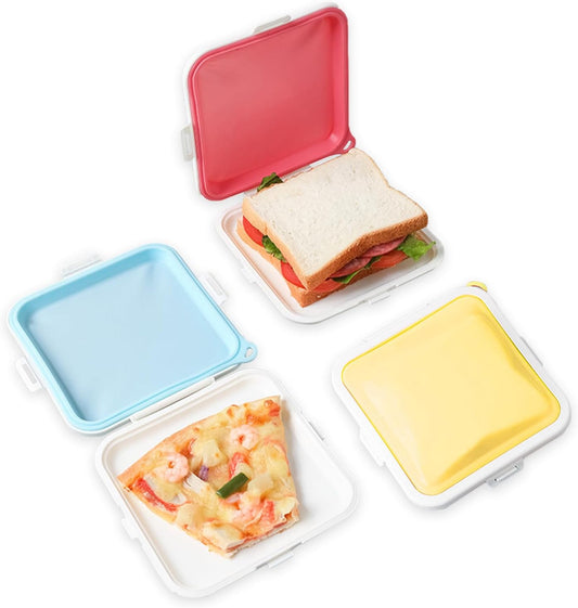 3 Pack Sandwich Containers,3 Color Silicone Sandwich Storage with Snap-Off,Sandwich Box for Lunch,BPA Free,Leakproof, Reusable Plastic Sandwich Holder for Fruit,Salad,Snacks and Food Storage