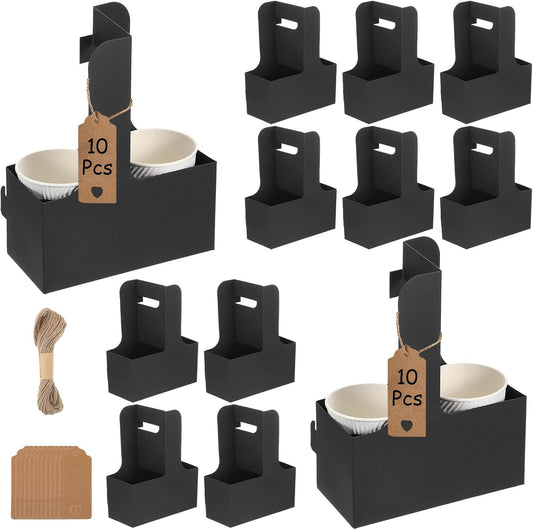 10 Pack 2 Cup Disposable Drink Carrier with Handle Paperboard Coffee Cup Holder Portable for Hot Cold Drinks Food Delivery Services with Heart Card for Teacher Appreciation Week Mother's Day