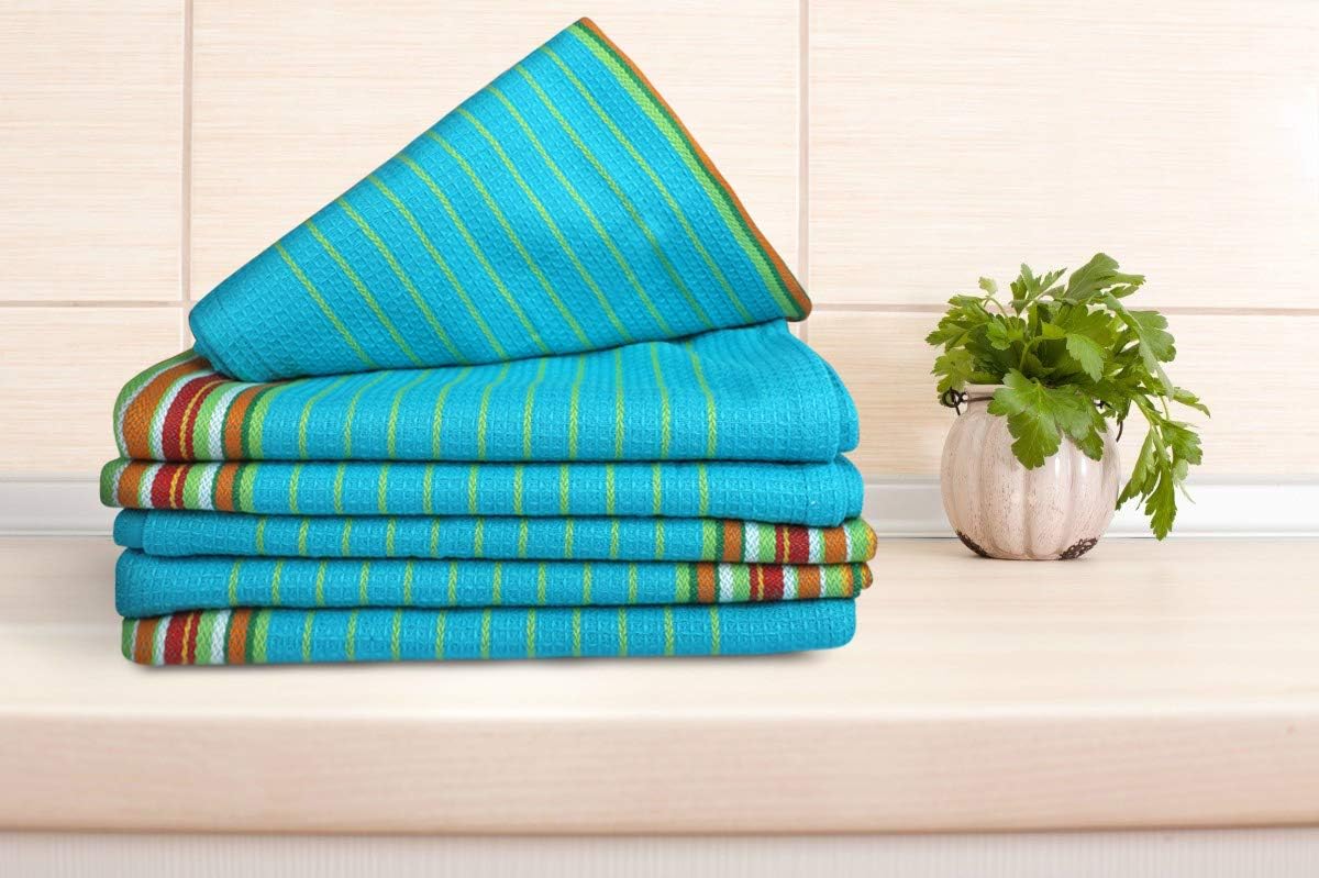 Urban Villa Kitchen Towels Waffle Stripes Dish Towels for Kitchen Azure Color Set of 6 Kitchen Towels Highly Absorbent Cotton Over Sized 20X30 in with Mitered Corners Kitchen Hand Tea Towels