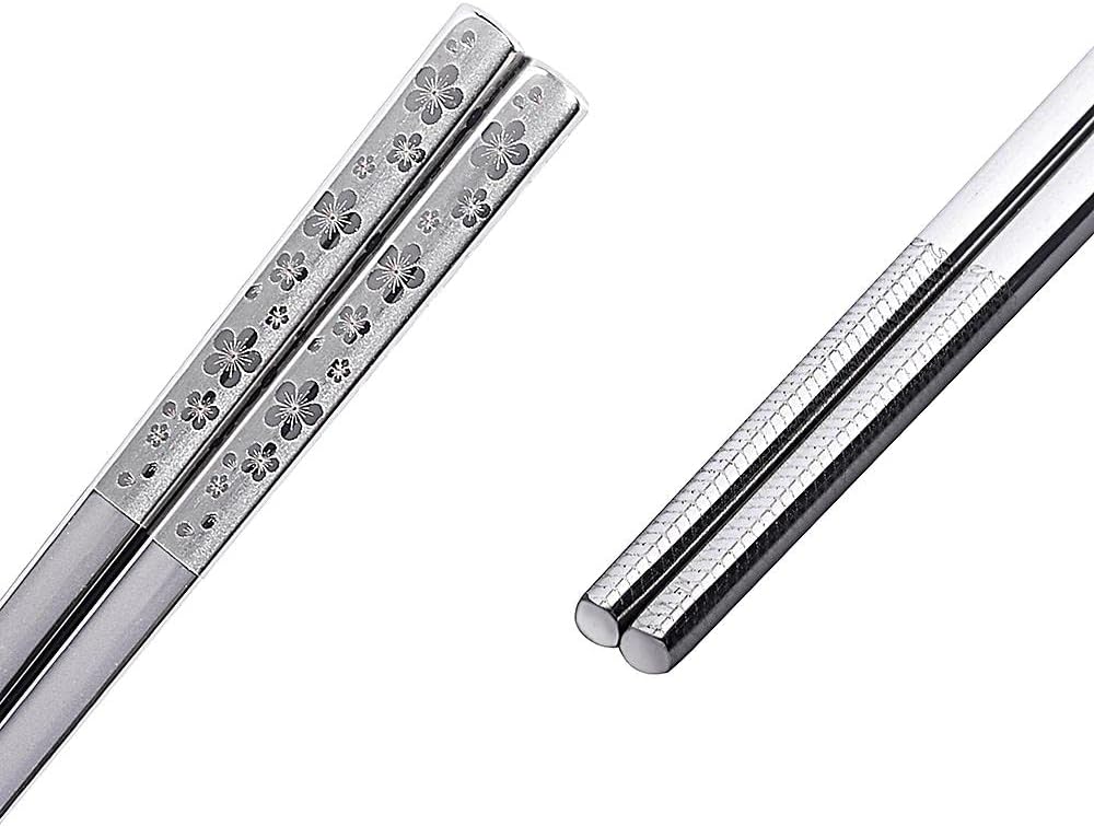 Metal Chopsticks Reusable Titanium Plated Stainless Steel Japanese Korean for Food & Cooking 9.5Inch Non-Slip for Beginners Square Laser 5 Pairs Gift Set