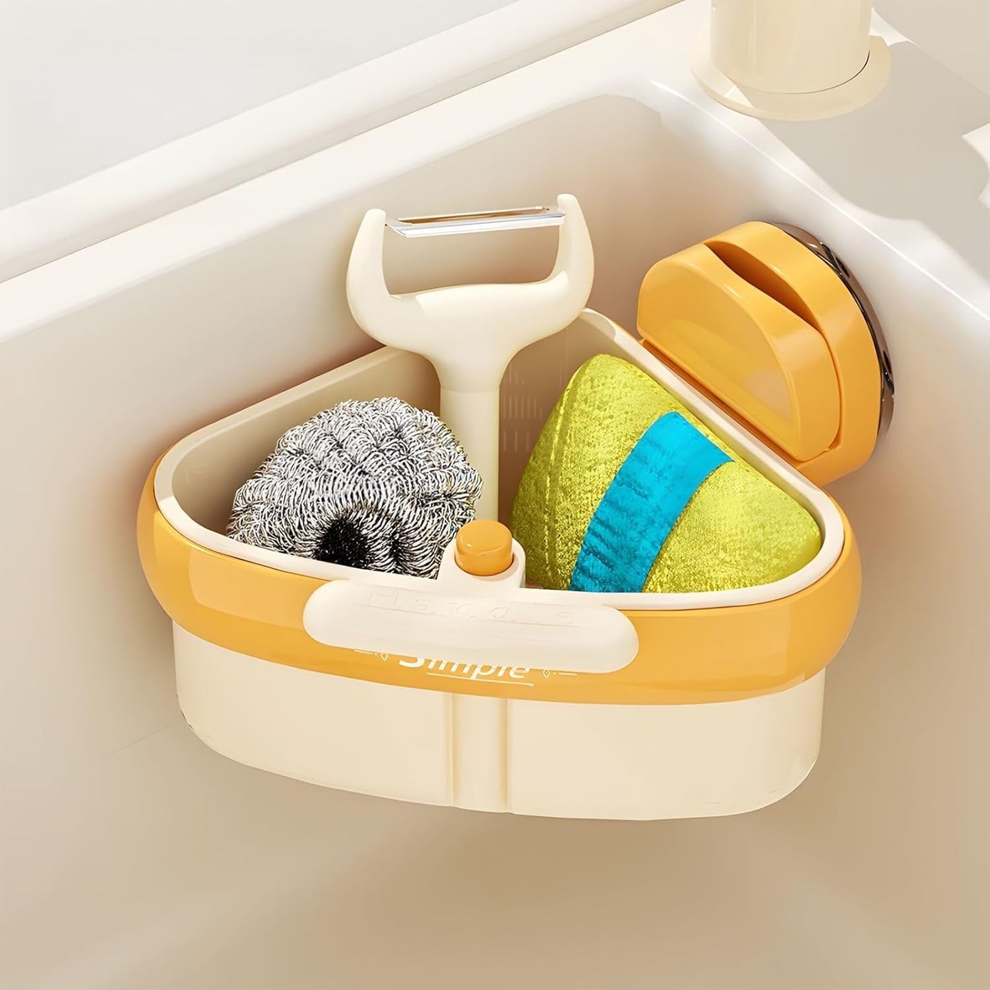Suction Cup Sink Corner Rack 2026 Upgrade Corner Sink Strainer Basket Automatic Dumping Suction Cup Press Sinks Drainer Basket Faucet Sponge Storage Rack Food Waste Catcher for Sink (1PC - Yellow)